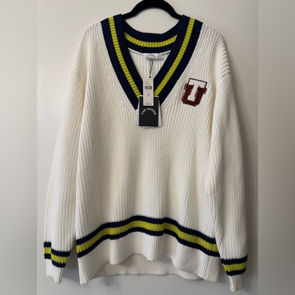 The Upside from Anthropologie Varsity Josie Sweater in Ivory Comb - Sz XS - Picture 5 of 12